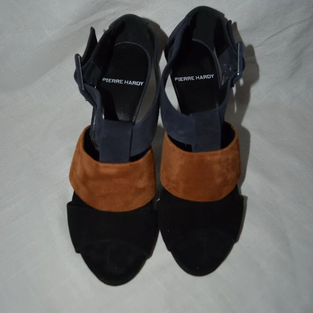 Sz 37 6.5 Pierre Hardy Black Navy Brown Suede Buckle Strap 4